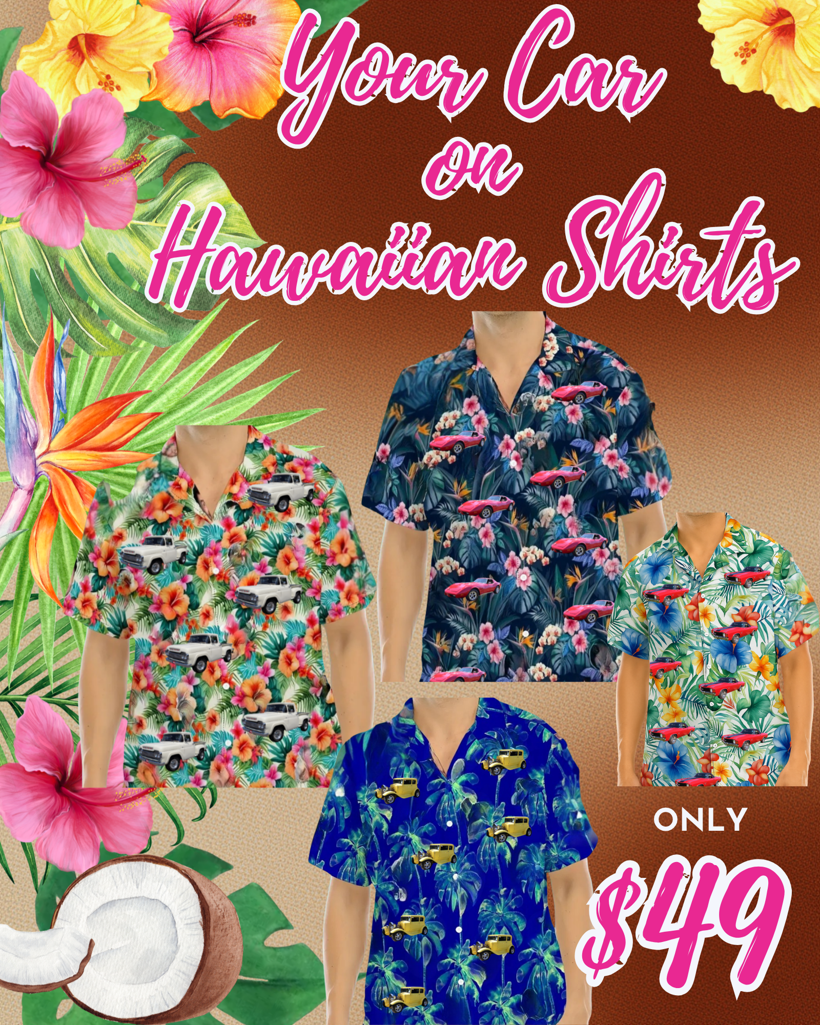 Custom Hawaiian shirts featuring customer cars in colorful tropical patterns